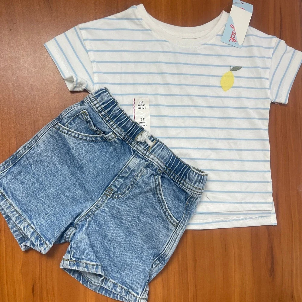 Cat & Jack Toddler 3T Outfit Set Striped Lemon T-Shirt and Denim Shorts NWT